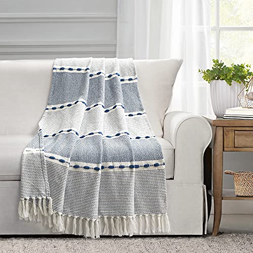 "Lush Decor Herringbone Stripe Yarn Dyed Cotton Woven Tassel Blanket, 60"" x 50"", Navy"