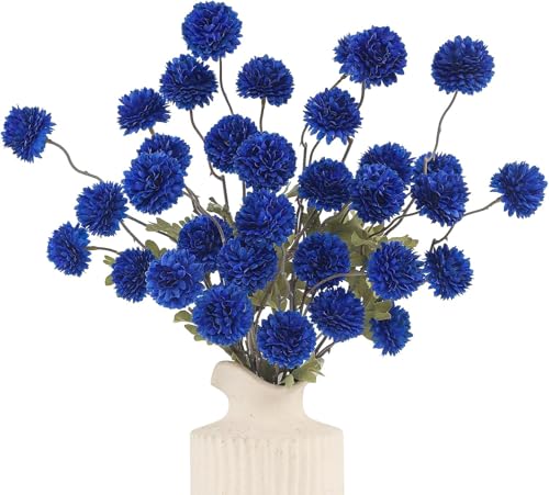 DuHouse 6pcs Artificial Flowers Faux Silk Pompon Mum,Silk Small Mini Chrysanthemum Ball with Stems for DIY Bouquets Centerpieces Vase Home Table Kitchen Decorations(Dark Blue)