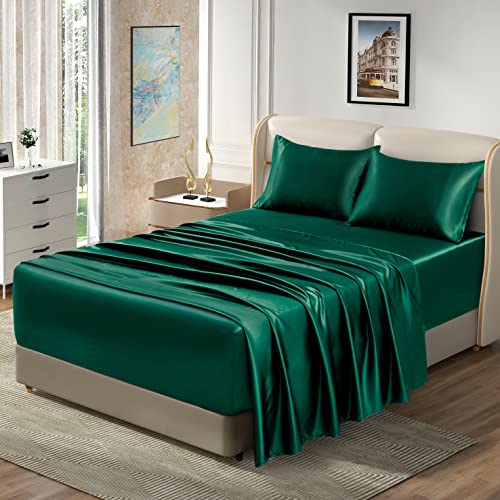 Homiest Full Blackish Green Extra Deep Pocket Satin Sheets, 4-Piece - 18-24 Inch Pocket Depth, Silky Soft for Hair And Skin, Wrinkle And Fade Resistant, Machine Washable, Elegant Glossy Finish