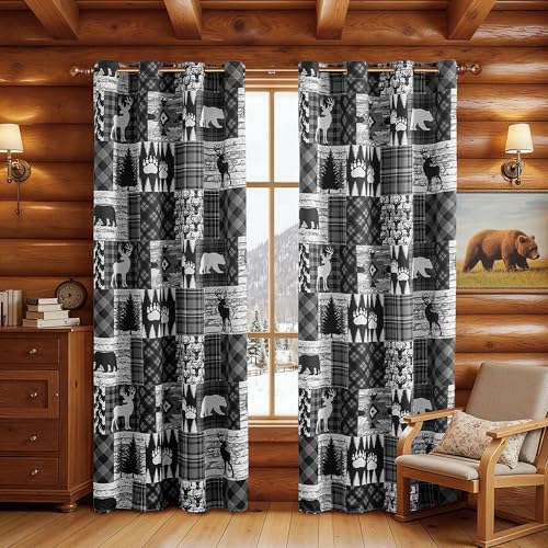 Grey Rustic Cabin Curtains 2 Panels Country Style Curtain 50% Light Blocking Darkening Grommet Window Treatments Farmhouse Patchwork Plaid Drapes Decorative for Living Room Bedroom, 52x96 inches
