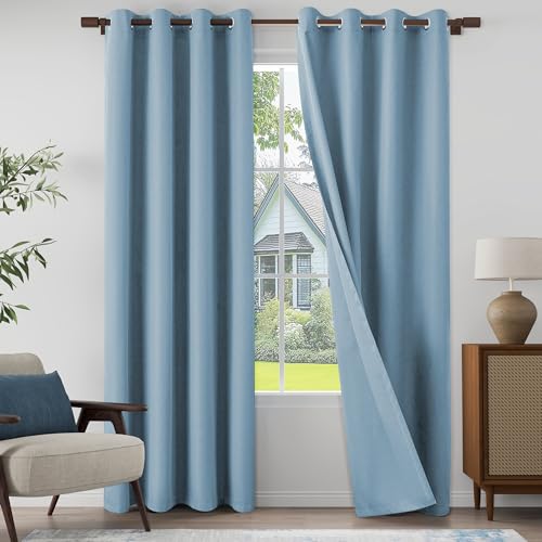 "OYRING 100% Blackout Linen Textured Curtains for Living Room, Bedroom, Light Weight Curtains with Grommets Top, Full Blackout Curtains Privacy Protection, Light Blue, 52"" W x 95"" L, 2 Panels"