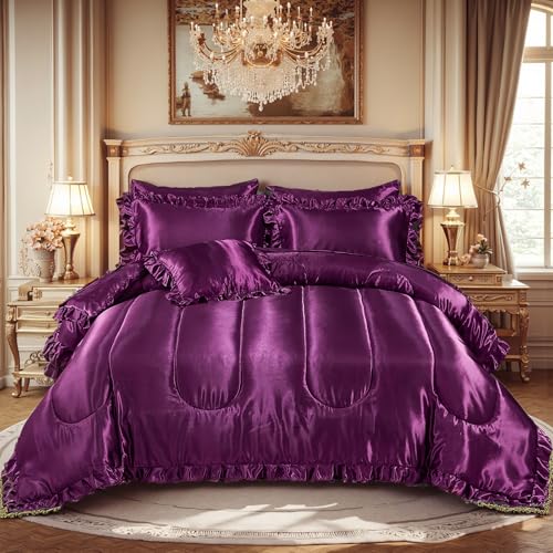 Silk Like Satin Comforter Set with Sheet Set King 8 Pcs Purple Satin Bedding Set Silky Ruffle Pattern Home Deocr Luxury Hotel Silky Bed in a Bag with 1 Cushion Cover