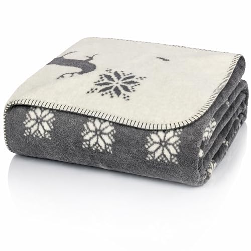 Glart J2HS Reindeer Design Cozy Blanket in Gray Beige - Cotton Polyacrylic Mix Throw for Sofa