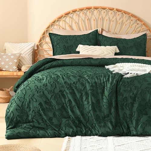 Litanika California King Comforter Set, 3PCS Emerald Green Boho Bedding - Fluffy Farmhouse Bed Set for All Seasons with 2 Leaf Pattern Pillowcases (104x96In)