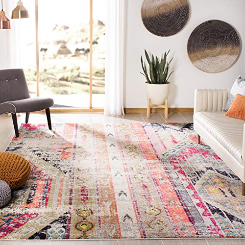 SAFAVIEH Boho Rug for Living Room, Dining Room, Bedroom - Monaco Collection, Short Pile, in Light Grey and Multi, 200 x 200 cm