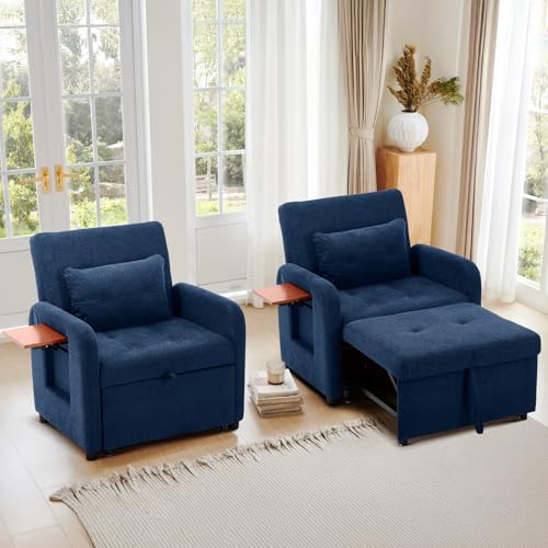 COLAMY Compact Recliner Armchair with USB Port & Side Table, Space Saving Sleeper Chair with Pull-Out Footrest, Adjustable Lounge Sofa Bed Chair for Small Living Room Bedroom Flat,Dark Blue