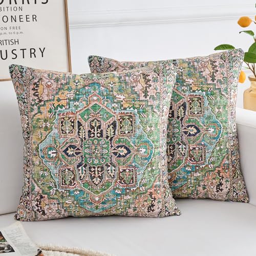 BUAEL Boho Throw Pillow Covers 18x18 inch Set of 2,Boho Vintage Carpet Pattern Antique Ethnic Decor Double Sided Pattern Cushion Cover Soft Pillow Case Living Sofa Room Bed Square Pillow Cover