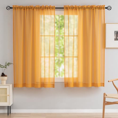 "MYSTIC-HOME Sheer Curtains for Windows, Window Treatments Semi Crinkle Curtains, Rod Pocket Sheer Privacy Curtains Set for Living Room Bedroom Kitchen Babyroom Set of 2, Yellow, 52"" Wx63 L"