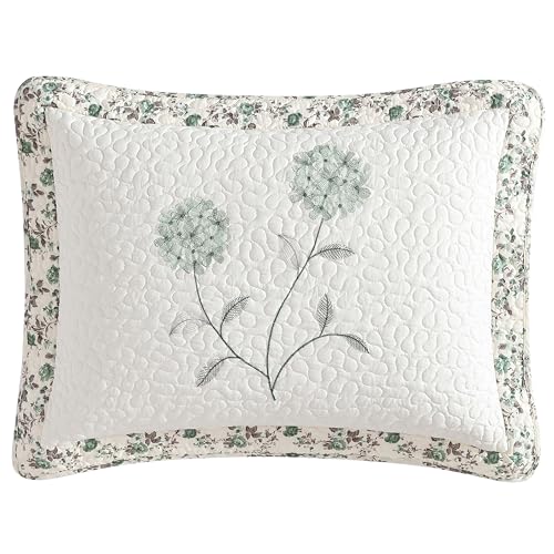 Beatrice Home Fashions Carnation Floral Embroidered Quilted Bedspread, Lightweight, All-Seasons, Standard Sham, Sage