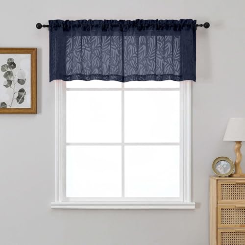 OVZME Navy Blue Sheer Valances for Windows 18 Inch Length 2 Panels, Light Filtering Soft Fabric Leaf Clip Jacquard Textured Curtains for Bedroom Bathroom Basement Small Windows, 2x42Wx18L Inches