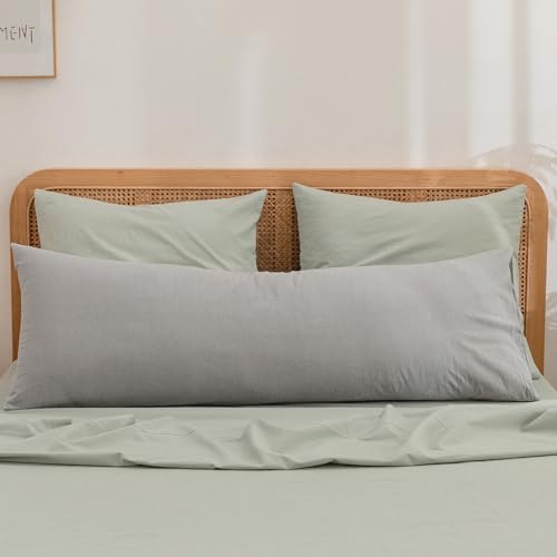 BESTOUCH Washed Cotton Pillowcases Linen Feel Light Grey Body - 100% Washed Cotton, Linen Feel, Soft Wrinkle Texture, Envelope Closure, Breathable Lightweight Durable Comfy, 1 Pcs No Insert