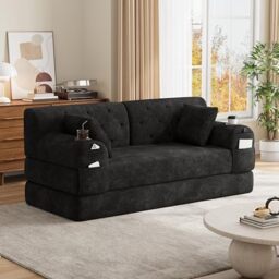 Ball & Cast Folding Sofa Bed 160cm King Size, Convertible Modular Sofa, Corduroy Boneless Couch with Metal Frame, 2 Seater Floor Futon Mattress, Non Slip Base, Washable Cover,Black