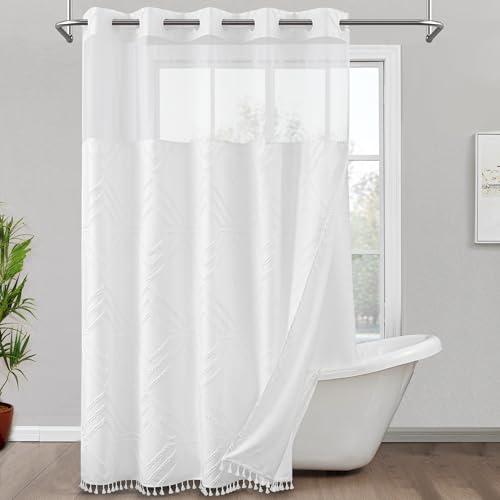 "ROSERY No Hook Shower Curtain with Snap in Fabric Liner Set, Boho Farmhouse Jacquard Tufted Geometric Striped Shower Curtain for Bathroom with Tassel, Geometric Pattern, 71"" W x 74"" L"