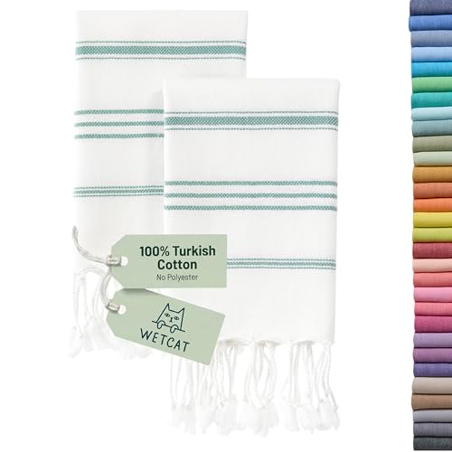 "WETCAT Turkish Hand Towels with Hanging Loop, Set of 2 (20"" x 30"") 100% Turkish Cotton, Pre-Washed, Quick Drying, for Kitchen or Bathroom - Teal & White"