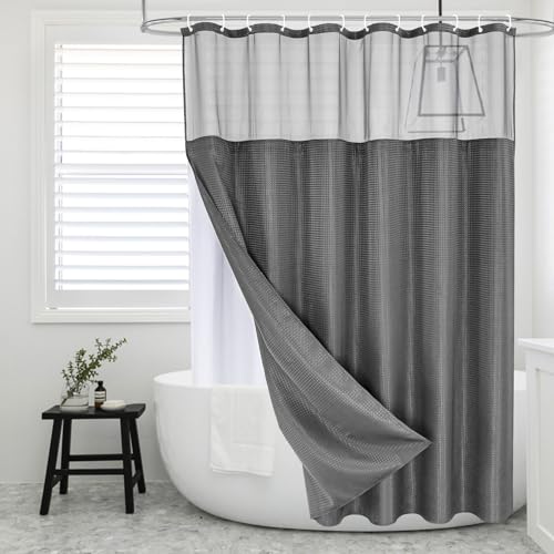 MitoVilla Grey Shower Curtain with Snap-in Liner, Modern Weave Fabric Shower Curtain for Luxury Hotel & Spa Bathroom Decor, 72 x 72, Charcoal Grey