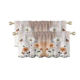 "AAtter Orange Floral Kitchen Valance Curtain for Window Terracotta Flower Rustic White Daisy Small Short Home Living Room Bedroom Bathroom Drape Fabric 2 Piece, 52"" W x 18"" L*2, Butterfly"