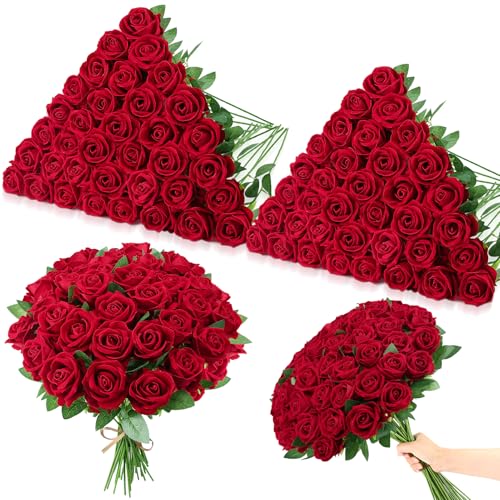 Ovveroche 80 Pcs Artificial Roses Long Stem Silk Flowers Burgundy - Fake Rose Petals Realistic Look Bridal Bouquet Centerpieces Home Party Table Decor Romantic Gift