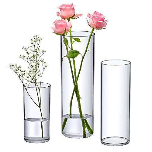 Amazing Abby - Vase Viola Magra - Acrylic Cylinder Vases (3-Piece Set), Plastic Cylindrical Vases for Wedding Centerpieces, Home Decorations, and Office Ornaments, Shatter-Proof and Ultra-Safe