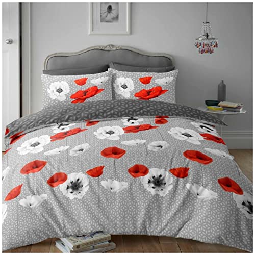 GC GAVENO CAVAILIA Thermal Flannelette Duvet Set, Reversible Brushed Cotton Bedding, Soft Quilt Cover, Grey/Red, Single
