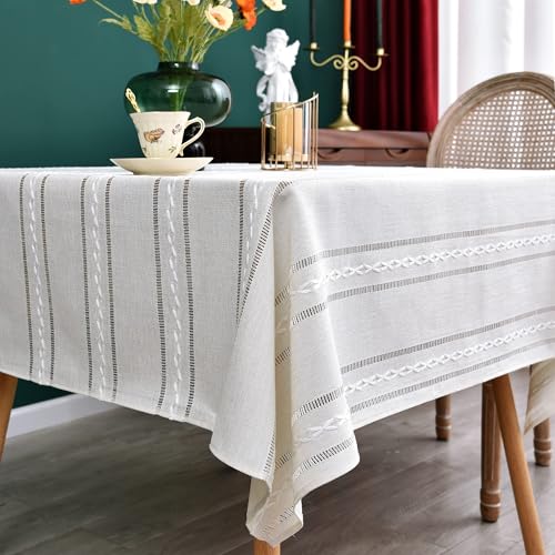 NEWISHER Farmhouse Embroidered 52x52 Inch Square Tablecloth Linen Texture - White Square Table Cloth, Rustic Jacquard Striped Tablecloth, Washable Dining Table Cover for Kitchen Home Decoration
