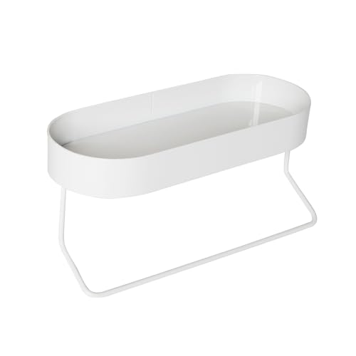 Honey-Can-Do Wall Mounted Bathroom Shelf with Towel Bar and Oval Top Tray, White, Steel, 10 lbs