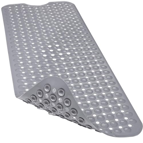 Linoows Bathtub and Shower Mats, Extra Long Non Slip Bath Mat 40 x 16 Inch, Bath Tub Mat with Suction Cups and Drain Holes for Bathroom, Machine Washable Soft Shower Floor Mat, Gray