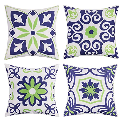 Pyonic Set of 4 Outdoor Pillow Covers 20x20 Waterproof Decorative Throw Pillow Covers Floral Printed Farmhouse Boho Pillowcase for Patio Funiture Garden Navy Blue
