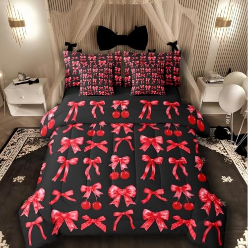 Red Cherry Bow Comforter Set 7 Piece Bed in a Bag Twin, Cute Silk Ribbon Bowknot Bedding Sets Princess Bow Tie Comforter and Sheet Set, Dreamy Kawaii Room Decor,Girly Red and Black Room Decor