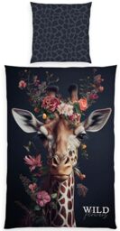 Herding Wild Flowers Giraffe Bed Linen, Pillowcase Approx. 80 x 80 cm, Duvet Cover Approx. 135 x 200 cm, with Zip, 100% Cotton