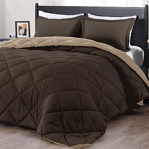 "downluxe King Size Comforter Set - Brown and Tan King Comforter, Soft Bedding Sets for All Seasons -3 Pieces - 1 Comforter (104""x92"") and 2 Pillow Shams(20""x36"")"