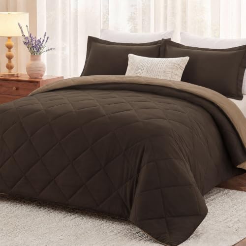 "downluxe King Size Comforter Set - Brown and Tan King Comforter, Soft Bedding Sets for All Seasons -3 Pieces - 1 Comforter (104""x92"") and 2 Pillow Shams(20""x36"")"