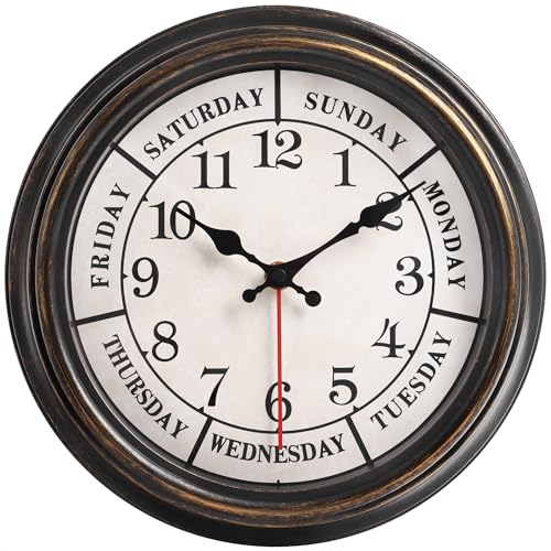 zyzamay 12 Inch Retro Wall Clock,Classic Day of The Week Wall Clock,Easy to Read,Non-Ticking Round Classic(Black Gold)