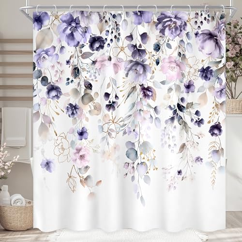 "Ufeela Floral Purple Pink Leaf Rustic Girly Bathroom Shower Curtain Set - 72""W x 78""L Flower Boho style, clear shower print, fast-dry fabric and hooks for a simple bath update."