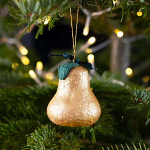 Talking Tables Gold Pear Christmas Tree Decoration Handmade 8cm - Single 8cm handmade gold pear ornament made from recycled cotton m??ch?? with green leaf, ribbon bow and hanging loop