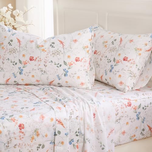 Zusbest Queen Sheet Set Floral Patterned 100% Percale Cotton Orange Blue Flower Sheets Set Green Botanical Printed on White Deep Pocket Fitted Sheets, Crisp Soft Breathable for Hot Sleepers, 4 Pcs