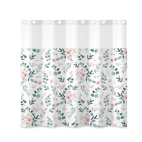 ggaimwf 71x71 Inch No Hook Floral Shower Curtain and Liner Set Flower Leaves Botanical Polyester Fabric Snap in Shower Curtains for Bathroom Farmhouse Country Elegant Plant Bathroom Set
