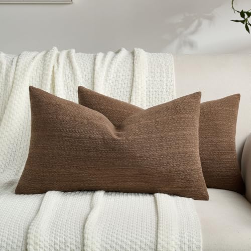 FUTEI Dark Brown Chenille Throw Pillow Covers 12x20 Inch Set of 2,Luxuriously Soft Argyle Textured Lumbar Pillow Cases,Modern Home Decor for Couch Living Room