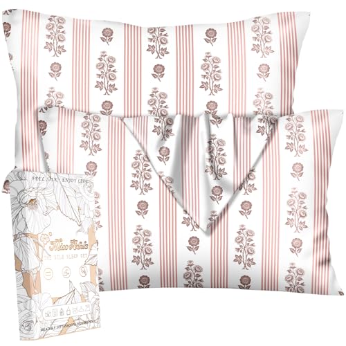 "Miss Adola Silk Pillowcase 2 Pack - Pillow Cases 20"" x 36"" King Size Set of 2 for Hair and Skin Smooth Soft Breathable with Hidden Cute Zipper Cooling Pillow Covers for Sleeping, PK Floral"