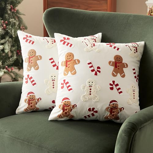 Sonvie Christmas Cushion Covers Set Of 2 with Gingerbread & Candy Cane Decor, Soft Decorative Square Throw Pillow Cover 45x45cm (18x18 in), Pillows Cases for Bedroom Sofa Couch Decorations