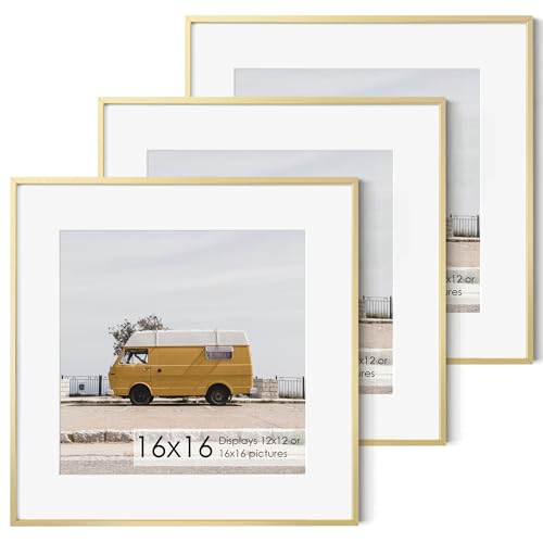 Fun Memories 16x16 Metal Picture Frame with 12x12 Mat, Brushed Aluminum Finish, Tempered Glass Front, and Attached Hanging Hardware - Wall Display Frames for Vertical or Horizontal Set of 3 - Gold