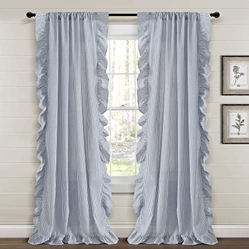 "Lush Decor Farmhouse Reyna Ruffle Window Curtain Panel Pair, 52"" W x 84"" L, Navy"