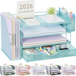 gianotter Paper Letter Tray Organizer with File Holder, 4-Tier Desk Accessories & Workspace Organizers with Drawer and 2 Pen Holder, Desk Organizers and Accessories for Office Supplies (Blue)