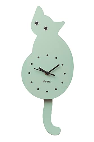 Fisura Cat Clock with Tail Original Wall Clock Silent Wall Clock 46 x 8 cm Wood and ABS 1 x AA Battery (not included) (Mint)