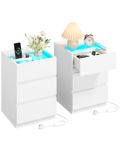 IRONCK Bedside Table Glass Top Bedside Cabinet with LED & Charging Station