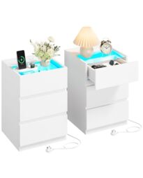 IRONCK Bedside Table Glass Top Bedside Cabinet with LED & Charging Station