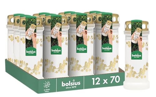 Bolsius Grave Light - White with Motif - Pack of 12 - Heart - Long Burning Time 70 Hours - Funeral Candle & Memorial Candles - Clean Burning - Without Palm Oil - with Stormlid