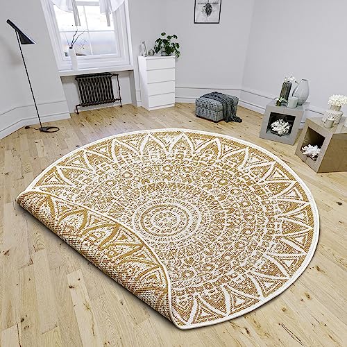 Freundin Home Collection Lilja Indoor and Outdoor Reversible Rug - Round, Flat Weave, Boho Design, Oeko-Tex, Weatherproof and UV-Resistant for Balcony, Patio, Garden - Ochre, Diameter 100 cm