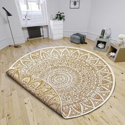 Freundin Home Collection Lilja Indoor and Outdoor Reversible Rug - Round, Flat Weave, Boho Design, Oeko-Tex, Weatherproof and UV-Resistant for Balcony, Patio, Garden - Ochre, Diameter 100 cm