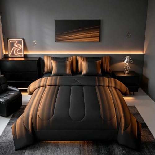 Feelyou Abstract Ombre Comforter Set with Sheets Kids Teens Brown Black 7 Piece Bedding Set Room Decor Twin Size,Reversible Black