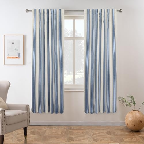 DriftAway Chris Blackout Curtain 2 Panels Back Tab, W52xL63, Jean Navy - Blackout, Linen Texture, Stripe Pattern, Two Layers, for Bedroom Living Room Nursury, Thermal Insulated Lined